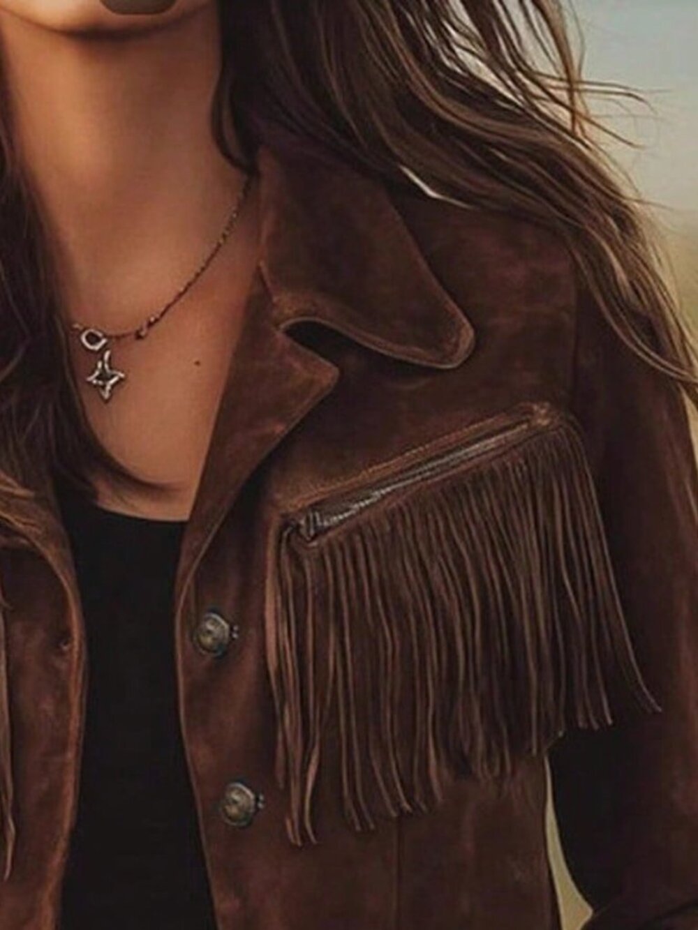 Brown Casual Boho Women's Fringe Trim Regular Fit Single Breast Short Shacket - Picture 2 of 2
